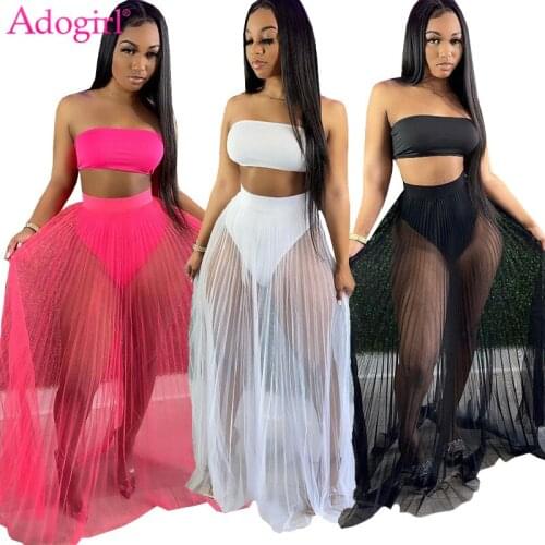Adogirl Women Sexy Summer Beach 3 Piece Set Dress Strapless Crop Top Pantsies Sheer Mesh Pleated Maxi Skirt Swimwear Club Suit