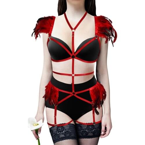 Feathers Full Body Bondage Sexy Lingerie Set Pole Dance Costume Womens Harness Bra Goth Punk Sword Belt Erotic Fetish