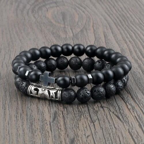 8MM Black Matte Cross Alloy Star Spacer Bracelet Women Natural Healing Strench Pulsera Couples Prayer Bangles Jewelry Gift New