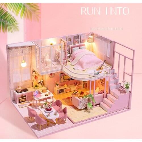 Diy casa Wooden Miniature Furniture DollHouse Run Into Warm Pink Loft maisonModel Building Kits Toy For Kids Girls Xmas Gifts