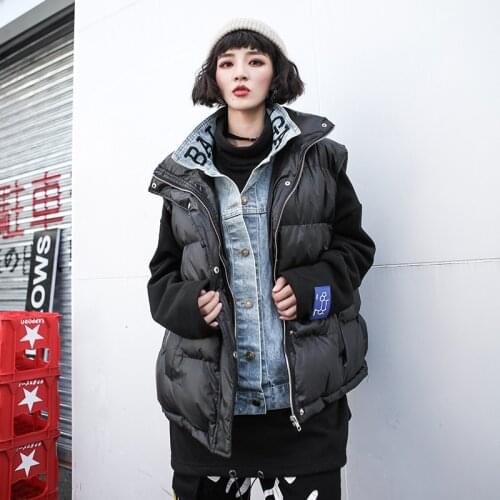 FNOCE 2020 winter women vest down cotton jackets fashion trends casual streetwear denim patchwork stand collar slim parkas coats
