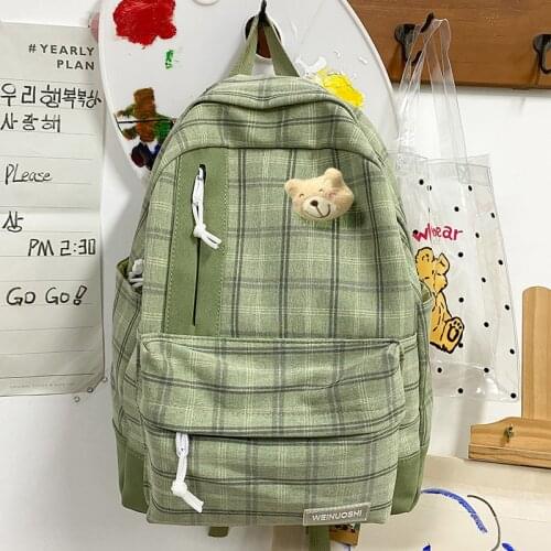 Women Canvas Plaid Backpack for Girls Cute Shoulder School Bags for Teenagers Female Korean Retro Laptop Travel Backpacks Ladies
