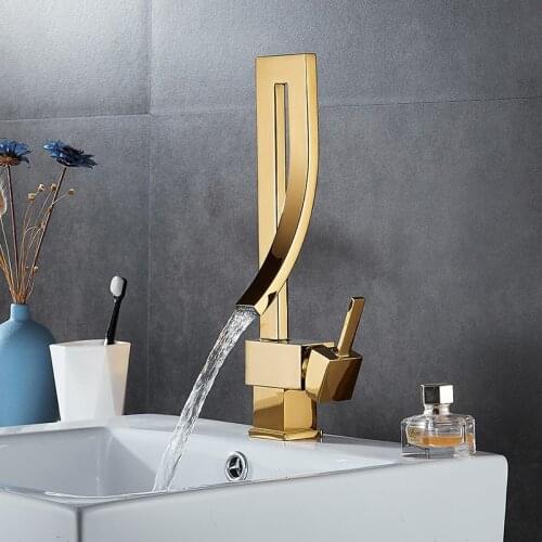Brass Tap Bathroom Deck Mount Brass Gold Plated Creative Design Bathroom Sink Mixer Tap Waterfall Lavatory Golden Basin Faucet