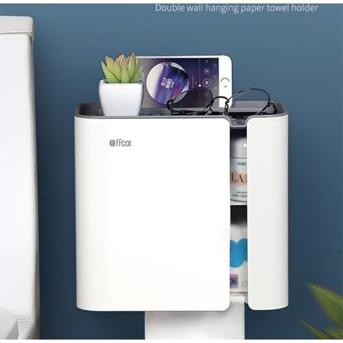 Multifunctional Double Compartment Wall-Mounted Waterproof Paper Towel Rack Punch Free Storage Holder Organizer for Bathroom