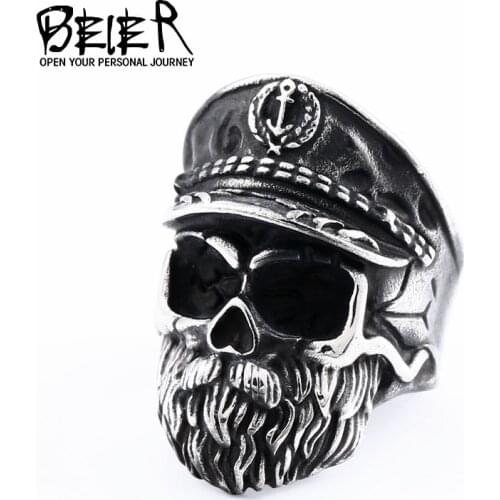 BEIER Obligation Skeleton Military Army Officer Navy Captain Skull Ring Punk Vintage Gothic Stainless steel Men Jewelry BR8-665