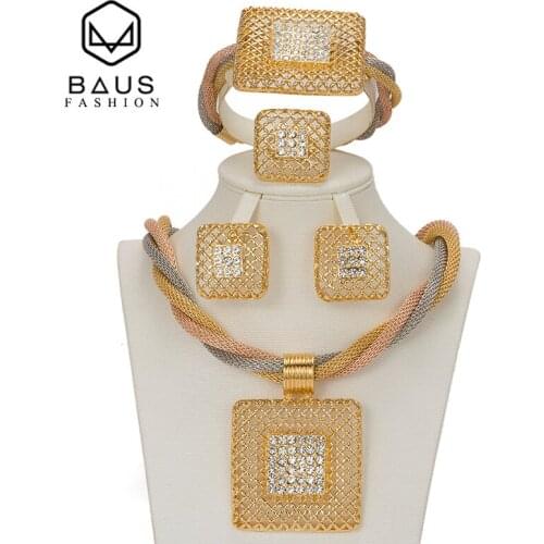 BAUS African bead gold color jewelry set Three color Fashion women Bridal set Necklace Bangle Earring Ring Party Accessories