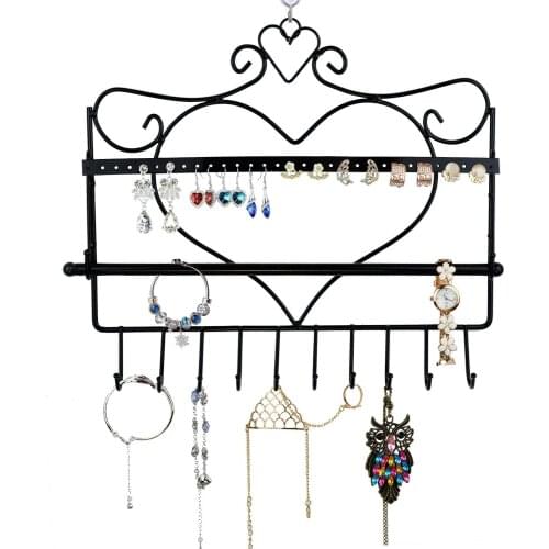 Wall Mount Heart Shape Jewelry Organizer Hanging Earring Holder Necklace Jewelry Display Stand Rack Black
