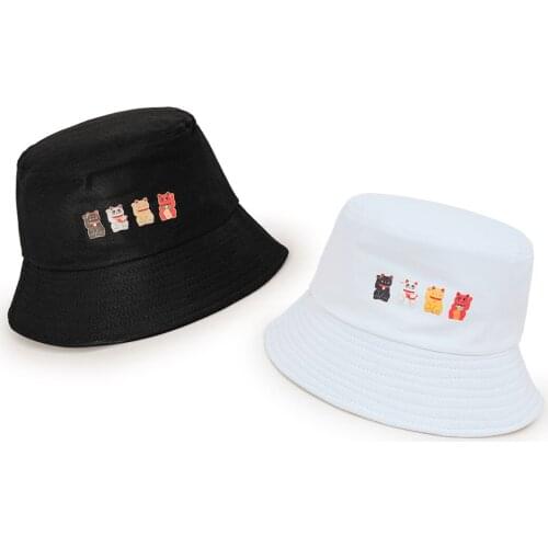 Unisex Fashion Foldable Bucket Hat Lucky Cat Print Beach Sun Hat Women Men Cotton Twill Sunscreen Fisherman Caps Outdoor Jewelry