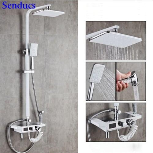Senducs White Digital Shower Set with Quality Chrome Bathroom Bidet Raining Top Shower for Luxury White Thermostatic Shower Set