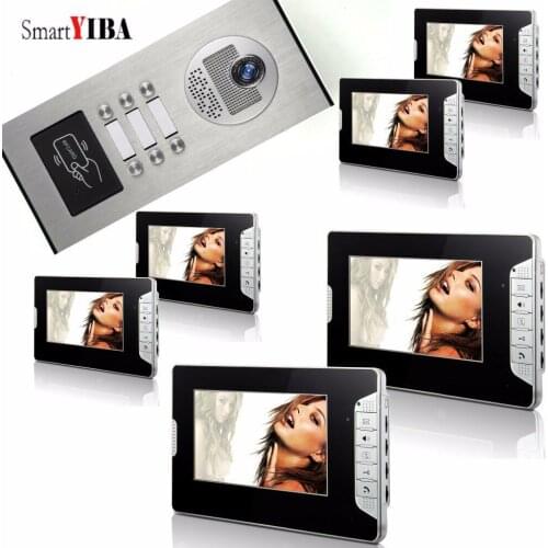 SmartYIBA 6 Apartment Video Intercom 7 Inch Monitor Video Door Phone Doorbell Kit Night Vision RFID Access Doorbell IR Camera