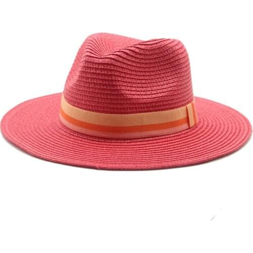 Summer sun hats handmade straw women men solid sun hats wide brim belt band casual outdoor beach yellow red blue sun straw hats