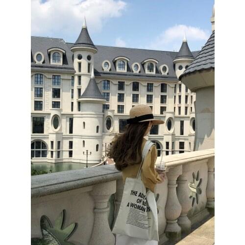 Beige Canvas Bag Letters Shopper Bag Cotton Cloth Tote Shoulder Bag For Women Ladies Handbags Foldable Reusable Shopping Bag