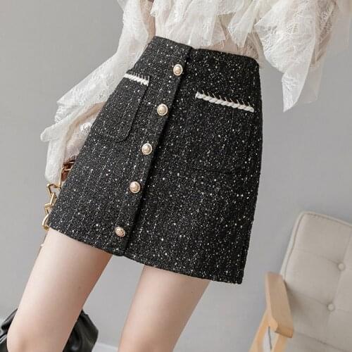 Tweed Single-breasted Skirt for Women New Autumn Spring 2020 Korean Black Chic High Waist Skirt
