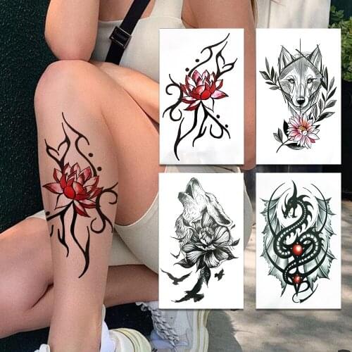 Creative Lotus Fake Temporary Tattoos For Women Men Wolf Peony Flower Tattoo Sticker Dragon Wings Waterproof Tatoo Body Art Arm