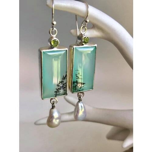 Colorful Opal White Baroque Pearl Dangle Earrings for Women Vintage Square Green Stone Pendant Earrings