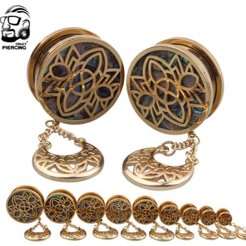 1 Pair Gold Surgical Steel Dangle Sea-shell Ear Plugs Flesh Tunnels Ear Gauge Expander 8mm-25mm Piercing Oreja Body Jewelry