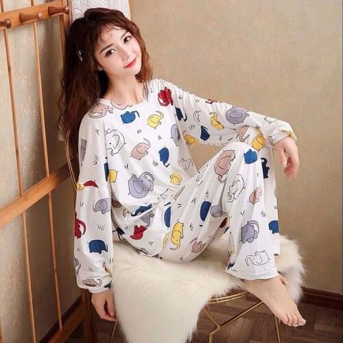 Maidy Women Pajamas Printing Long Sleeve Round Neck Thin Style Pajama For Women Underwear Femme Womens Home Clothes Top Pants