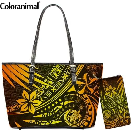 Coloranimal Hawaiian Tribal Polynesian Plumeria PU Crossbody Bag for Women 2Pcs/Set Tote Shoulder Bag&Wallet Lady Messenger Bag