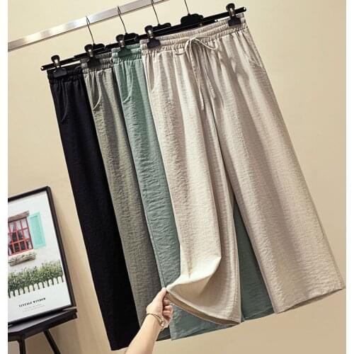 Spring Summer Leisure high Waist pants Trousers Woman ice Silk Korean Loose Female pants Waist Fashion Plus Size Wide leg pants