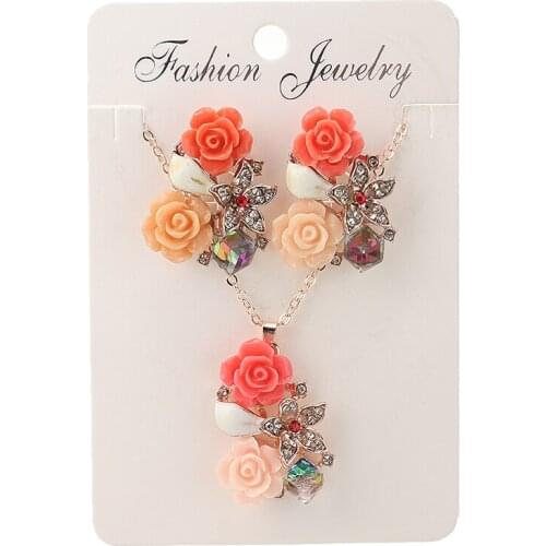 Women Inlaid Crystal Rose Flower Jewelry Sets Pink Red Flower Rhinestone Necklace Earrings Set Bridal Wedding Party Jewelry