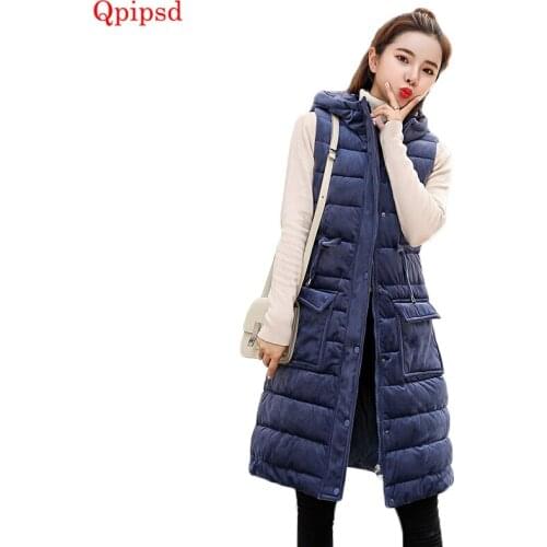 Korean New Gold Velvet Waistcoat Womens 2021 Autumn Winter Warm Hooded Down Cotton Vest Jacket Women Long Slim Cotton Vest Coats