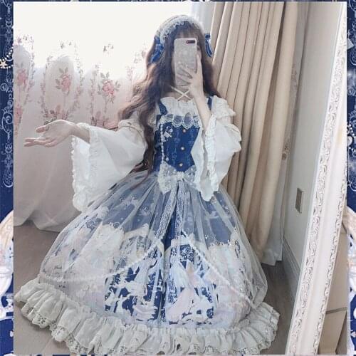Snow Angel Sweet Womens Lolita JSK Dress Sleeveless Dress Cute Net Yarn Bows Trim Princess Dress One Piece Palace Style