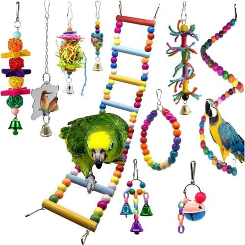 10pcs/set Parrot Play Toys Metal Bells Rope Small Ladder Bird Stand Birds Exercise Swing Hanging Chewing Bite Toy