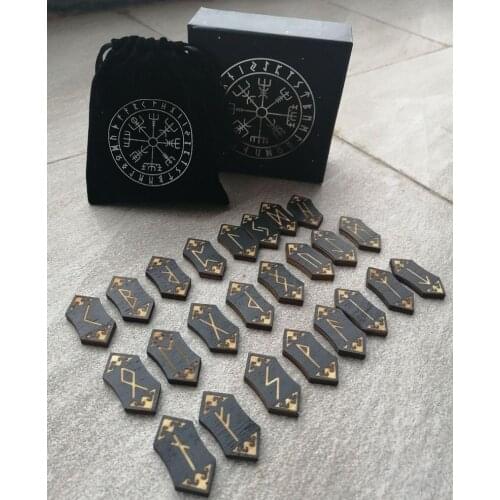 Nordic Rune Wooden Set Western Mysticism Introduction Props Woodcut Rune Set Jade Rune Bag Nephrite Gemstone Plush Black Pouch
