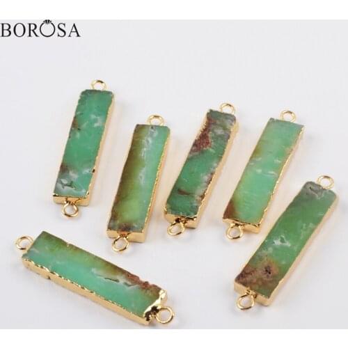 BOROSA Natural Chrysoprases Pendants 5Pcs Rectangle Green Jades in Gold Plating Connector Fashion Chrysoprases Jewelry G1919