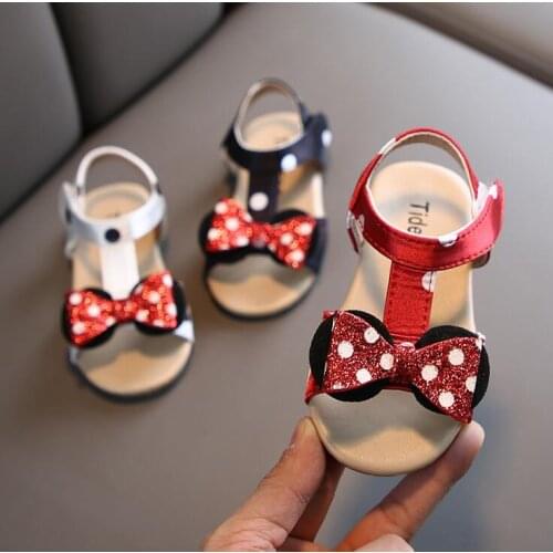 Disney Girls Sandals For Toddler Cartoon Minnie Mouse Soft Leather Summer Shoes Baby Girls Princess Shoes Flat Sandals Shoes