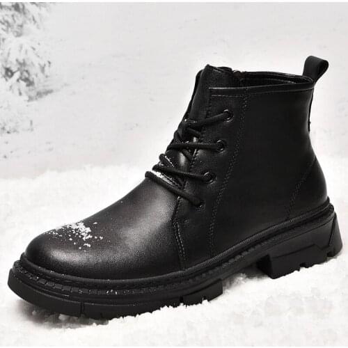 All Black Mens High-top Military Ankle Boots Genuine Leather Casual Shoes Men High Quality Motorcycle Shoes Plush Winter Boots
