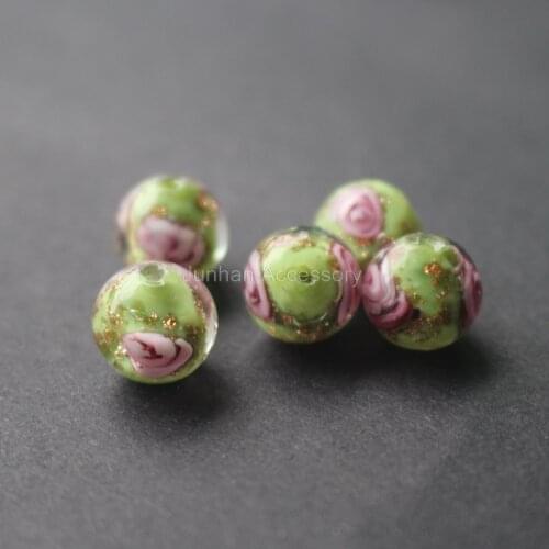 10Pcs/Lot 10mm 12mm Handmade Lampwork Flower Beads Light Green Color With Gold powder Japanese Style for jewelry