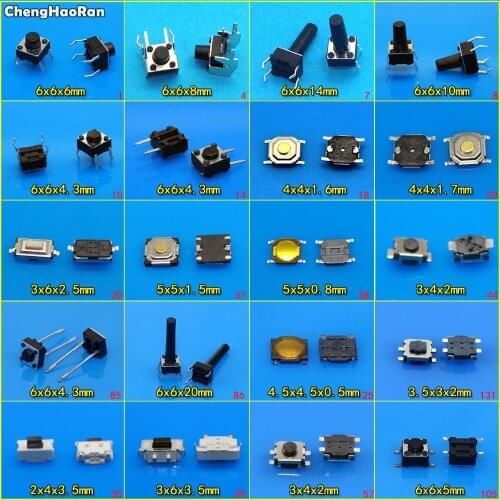 ChengHaoRan 20Models 6x6x4.3/5/6/20mm Tact Tactile Push Button Switch SMD Assortment Kit Set,4Pin Micro Switch 3x4x2mm