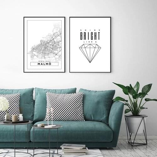 Black and White World City Map Malmo Wall Art Canvas Poster Prints Nordic Style Paintings Picture for Living Room No Frame