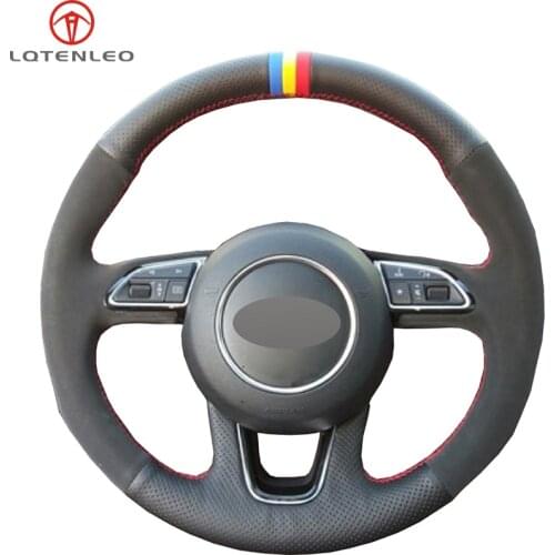 LQTENLEO Black Genuine Leather Suede Hand-stitched Car Steering Wheel Cover for Audi Q3 2013-2018 Q5 2013-2017 Q7 2012-2015