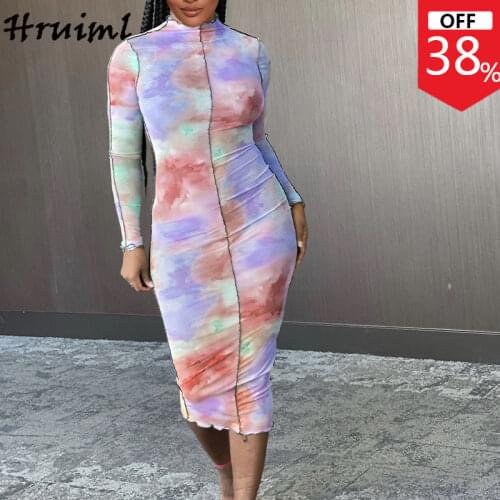 Elegant Woman Dress 2020 Tie Dye Print Autumn Long Sleeve Stand Collar Maxi Dress Fashion Skinny Bodycon Dress Office Lady