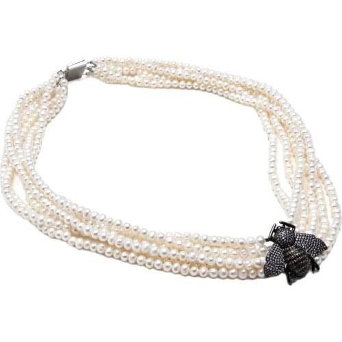 GuaiGuai Jewelry 20'' 6 Rows Natural Freshwater White Pearl Necklace Insect Bee CZ Pave Pendant Classic For Women