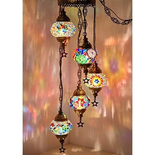 LaModaHome English Moroccan Mosaic Hardwired OR Swag Wall Plug in Chandelier Light Ceiling Hanging Lamp Pendant Fixture (5X4.5