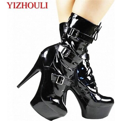 Fashion women feel black PU leather buckle high heels, model stage banquet using 15 cm high heel boots