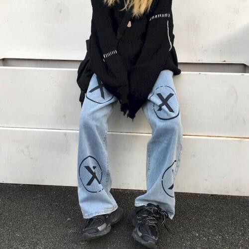 Autumn Winter High Waist Jeans Women Straight Pants Printed Graffiti Korean Version Ins BF Style Loose Wide Leg Pants