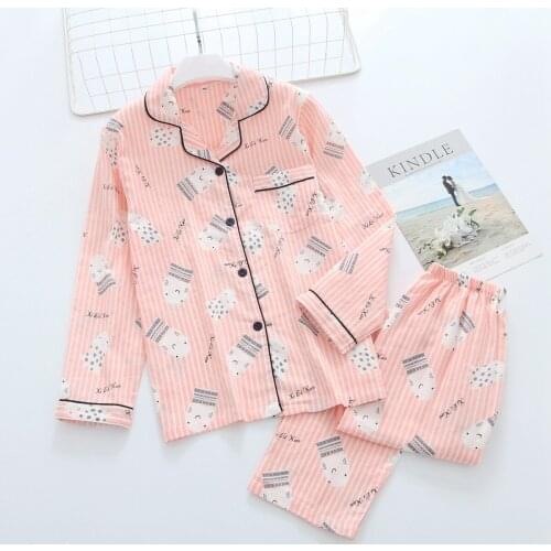 New Spring Thin Snow Doll Print Pajamas, Long-sleeved Trousers Pajamas Set, Womens Cotton Double-layer Gauze Lapel Home Service