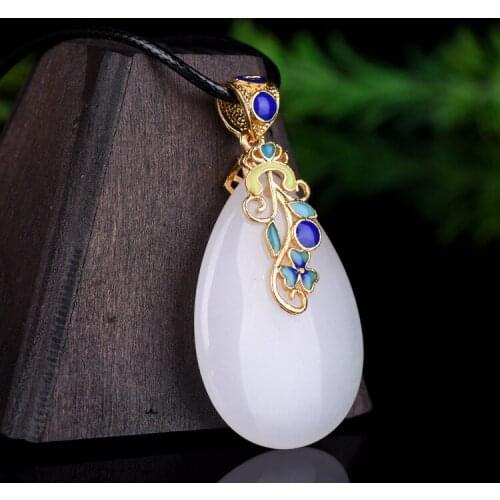 Natural Chinese White Jade Hand-carved Dripping Jade Pendant Fashion Jewelry Men and Women Cloisonne Silver Inlaid Necklace