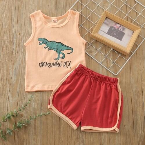 Girls Casual Two-piece Clothes Set Dinosaur Letters Printed Pattern Vest + Elastic Waist Shorts Claret/ Brown/ Green