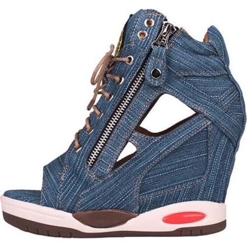 Fashion Women Sandals Denim Casual Shoes Womens Leisure Platform Sandals Cutout Wedge Thick Heels Summer Rome Sandals Blue