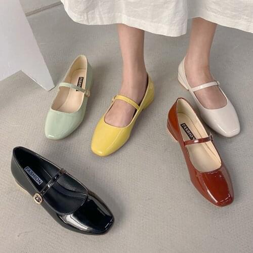 Spring Autumn Women Mary Janes Shoes Patent Leather Low Heels Dress Shoes Square Toe Shallow Buckle Strap Girls Shoes
