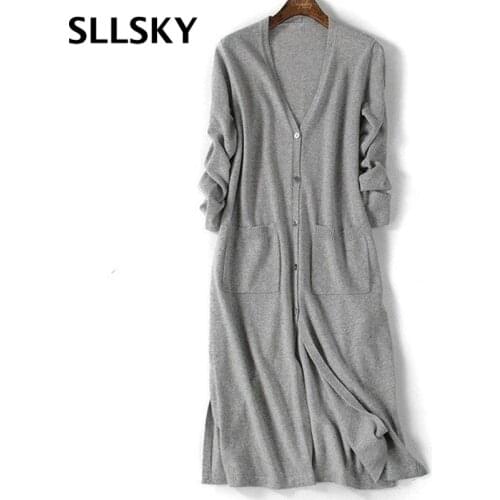 Sllsky Slim Wool Long Sweater Cardigans Casual Fashion Solid Thin Split Single Breasted Sweater V-neck Plus size Pockets Coat
