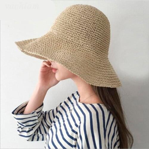 Women Summer Straw Hat Vintage Handmade Crochet Straw Braid Straw Hat Summer Sun-shading Hat Female Fisherman Hat