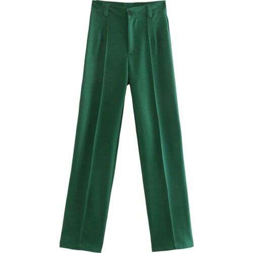 TRAF Women 2021 Fashion Solid Color Office Wear Straight Pants Vintage High Waist Zipper Female Long Trousers Streetwear