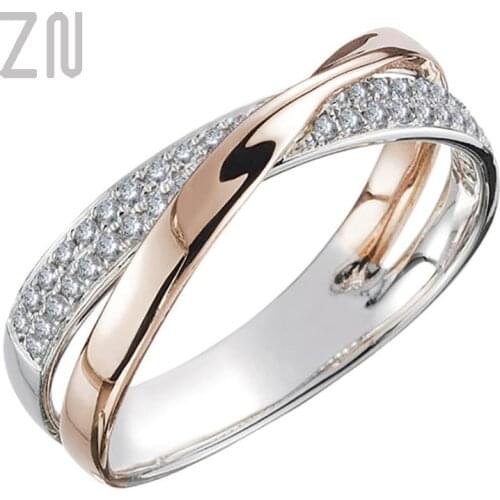 ZN Newest Two Tone X Shape Cross Ring for Women Wedding Trendy Jewelry Dazzling CZ Stone Large Modern Rings Anillos