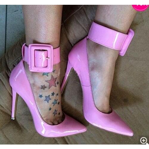 Ladies Charming Pink Patent Leather Pointed Toe Ankle Wrap Pumps Buckle Design Classical Style High Heels Formal Dress Shoes